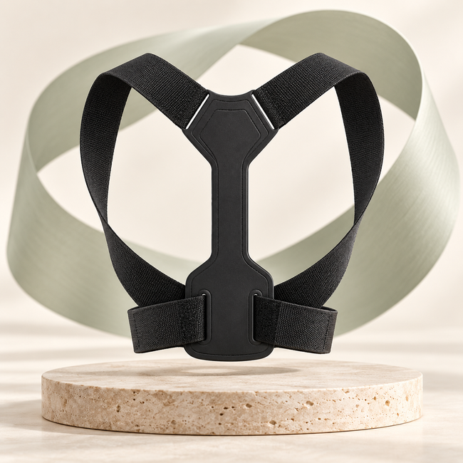 Black adjustable shoulder posture brace on travertine