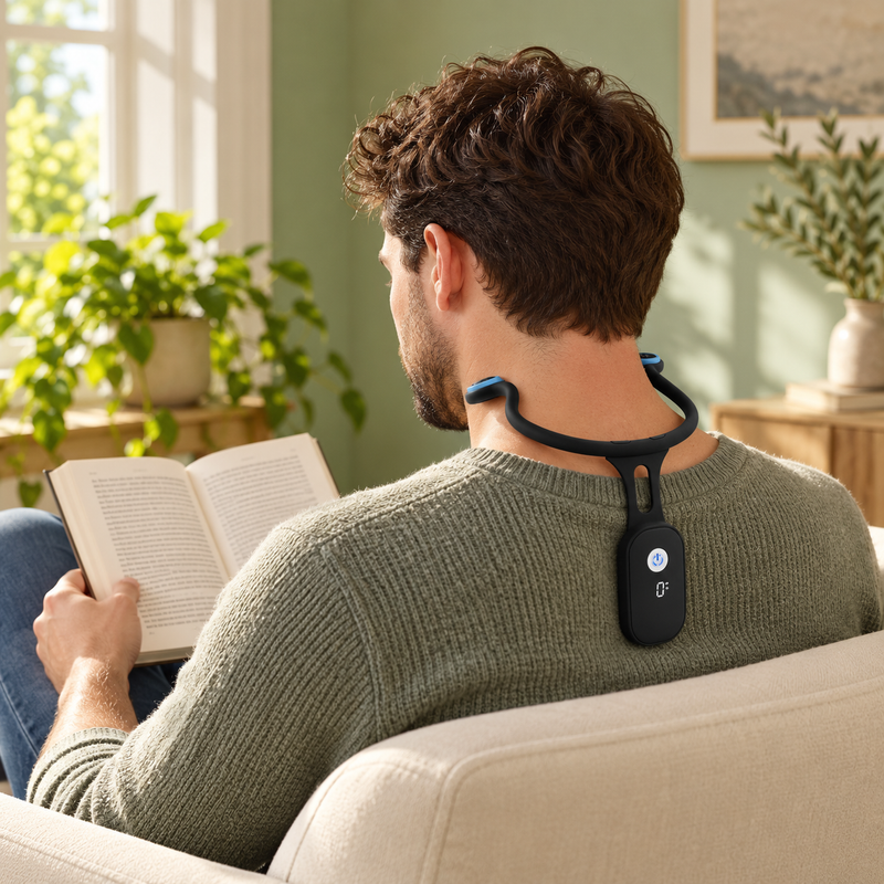 Illustrative scene of an adult using the posture reminder while reading
